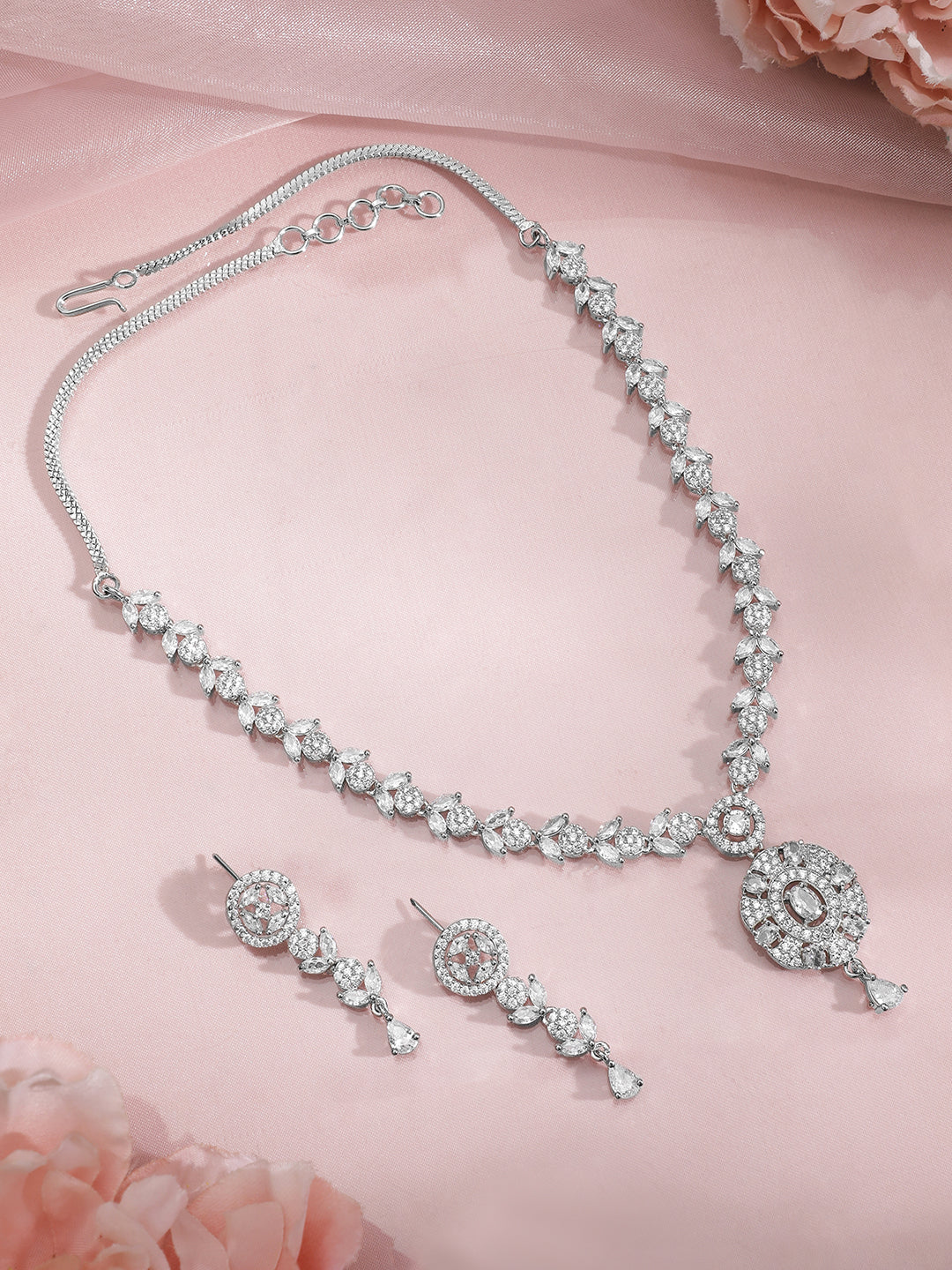 American Diamond Zirconia Floral Design Necklace Set Silver