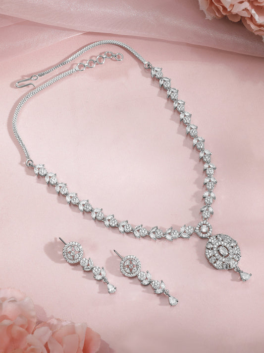 American Diamond Zirconia Floral Design Necklace Set Silver