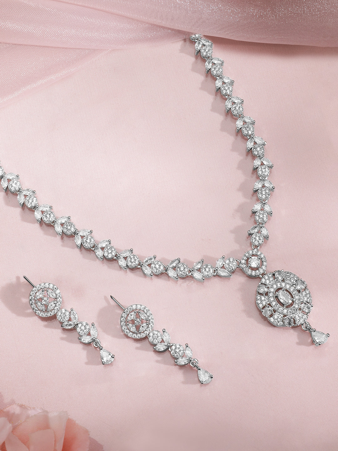 American Diamond Zirconia Floral Design Necklace Set Silver