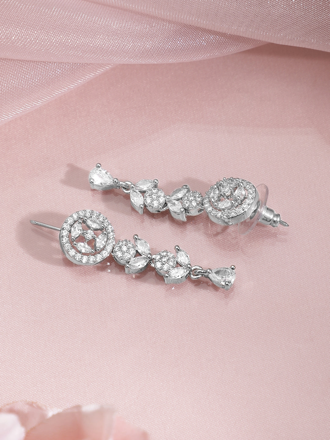 American Diamond Zirconia Floral Design Necklace Set Silver