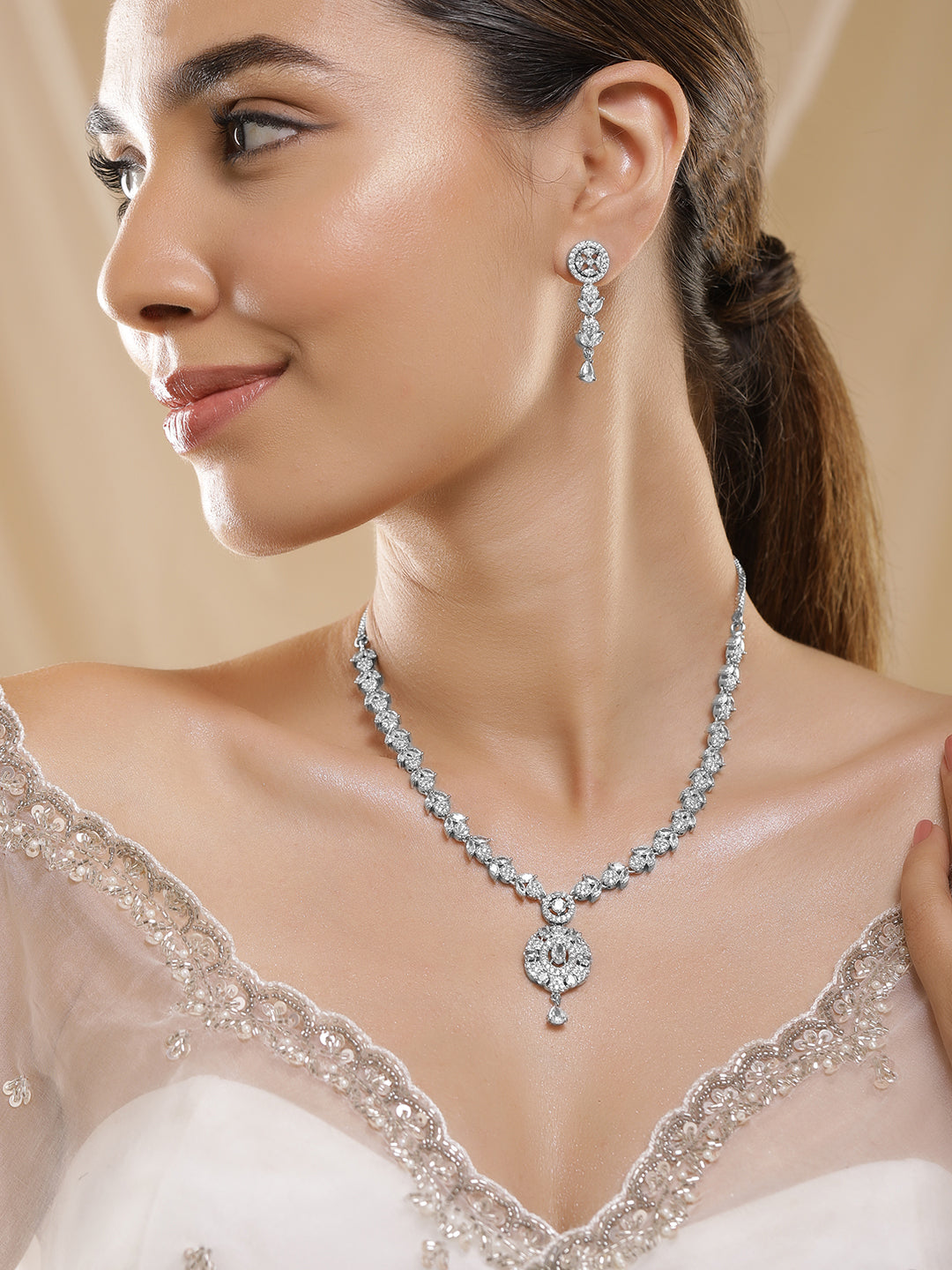 American Diamond Zirconia Floral Design Necklace Set Silver