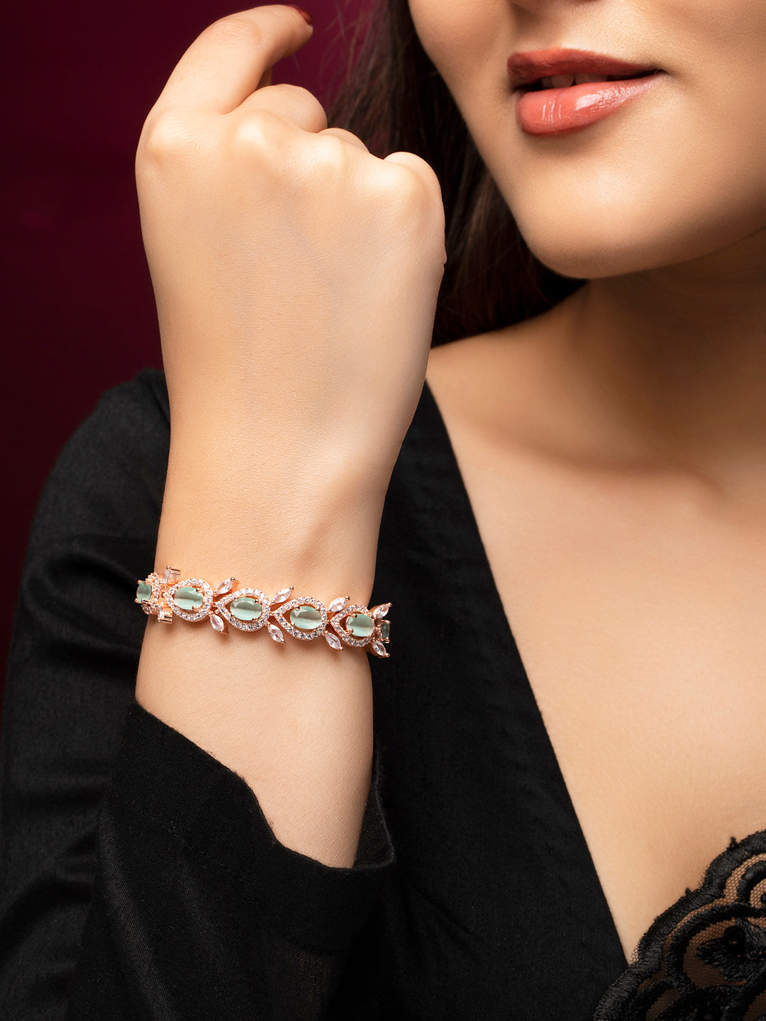 Rubans Rose Gold Plated Handcrafted Sea Green AD Studded  Bracelet Rose Gold