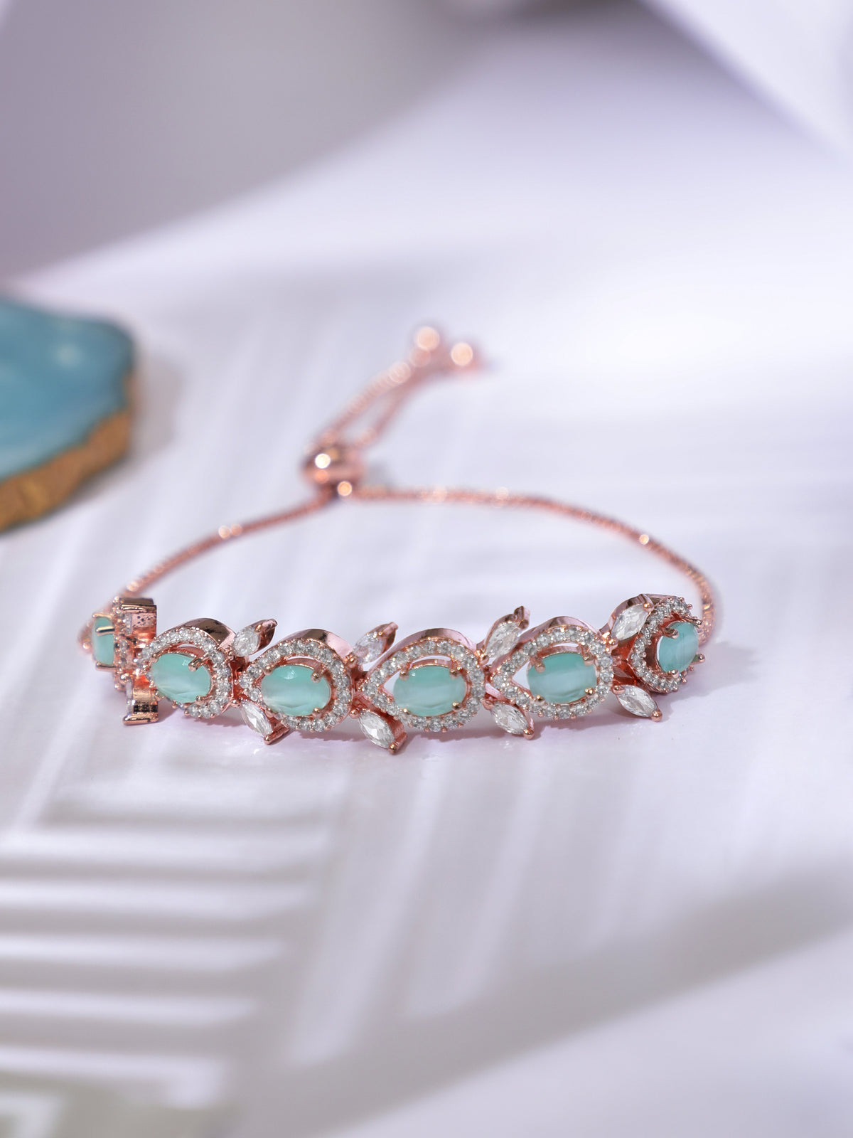 Rubans Rose Gold Plated Handcrafted Sea Green AD Studded  Bracelet Rose Gold