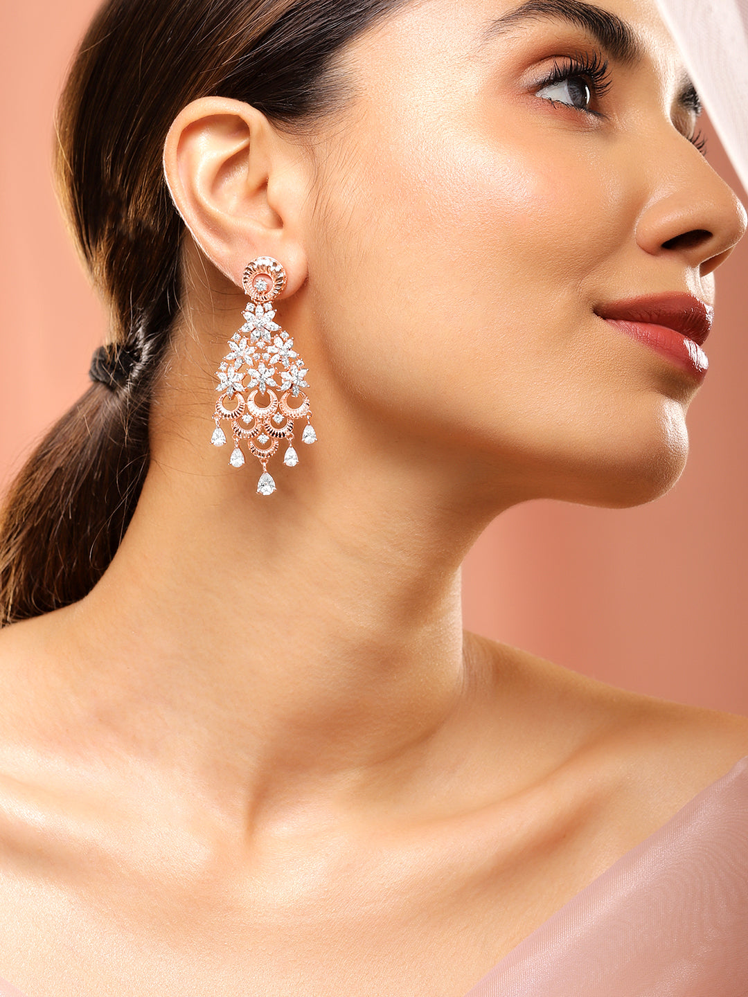 Rubans 18K Rose Gold White Cubic Zirconia Floral Cascading Floral Chandelier Earrings Rose gold