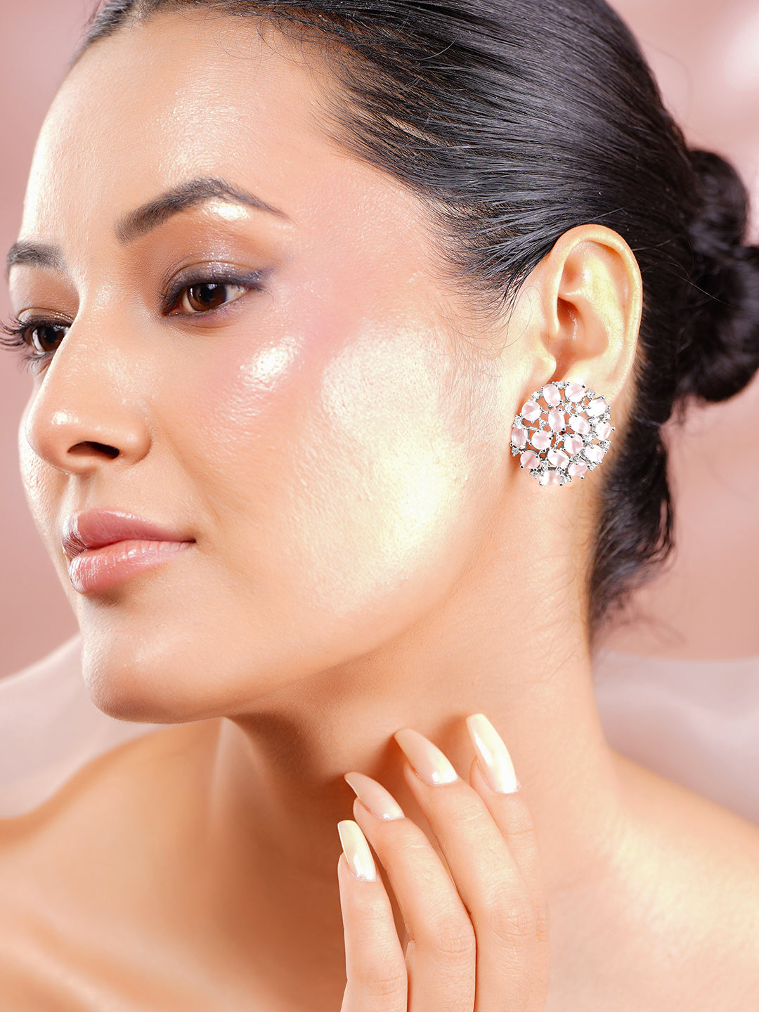 【Rubans】 Silver Plated Handcrafted Pink Zircon Stone Stud Earrings｜シルバーメッキ ハンドクラフト ピンクジルコン ストーン スタッドイヤリング