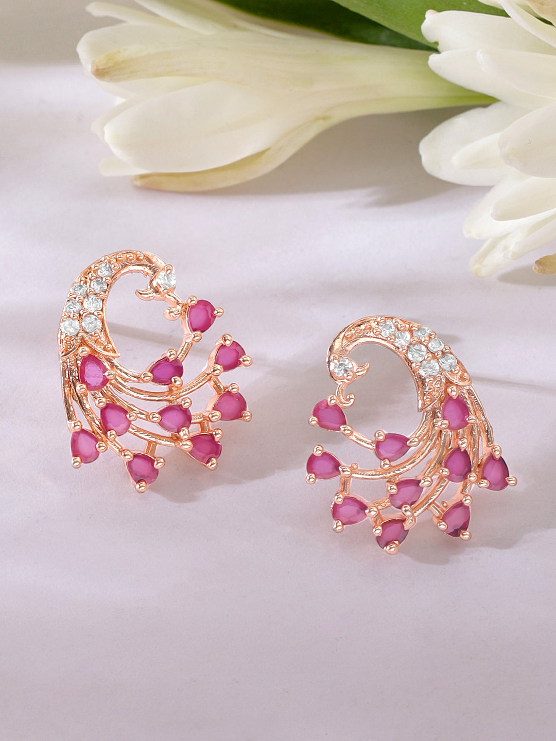 Rubans Rose-Gold Plated Peacock Shaped Ruby Studded Earrings Rose gold