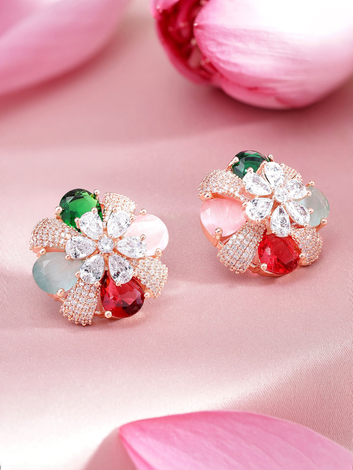 Rubans Rose Gold-Plated Multicolor AD Stud Earrings. Rose Gold