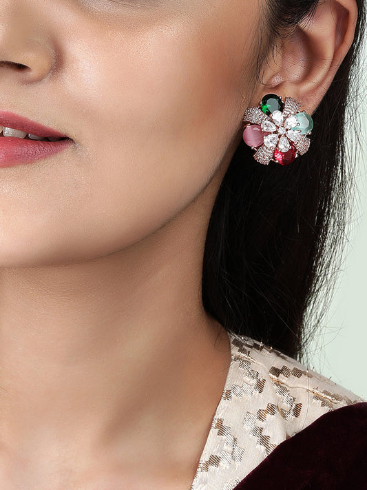 Rubans Rose Gold-Plated Multicolor AD Stud Earrings. Rose Gold