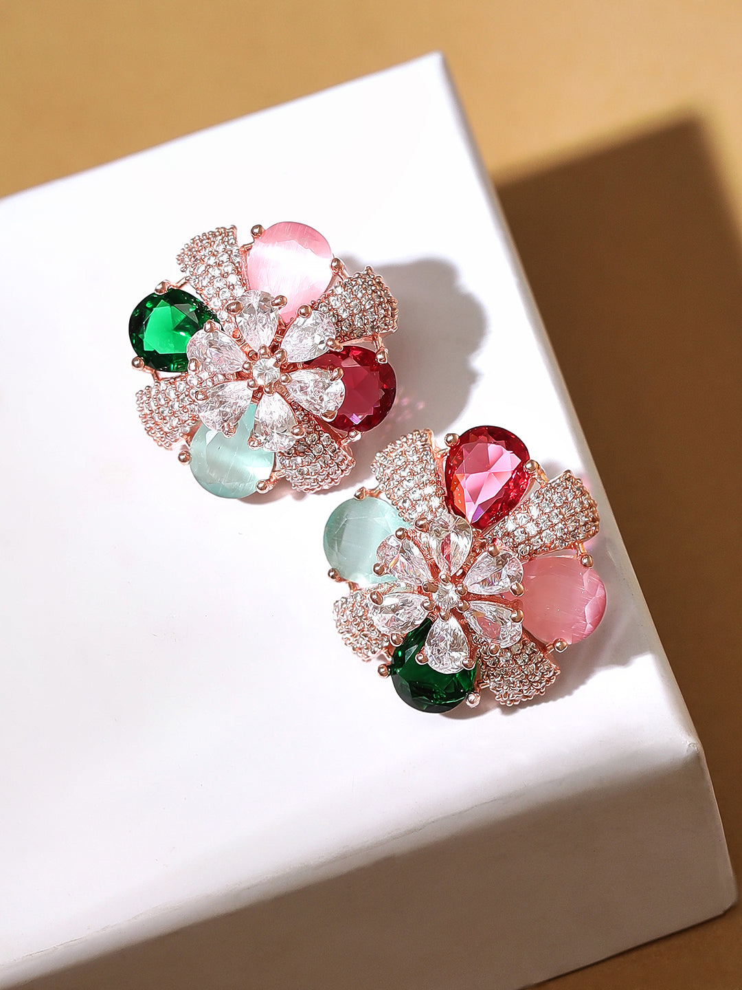 Rubans Rose Gold-Plated Multicolor AD Stud Earrings. Rose Gold
