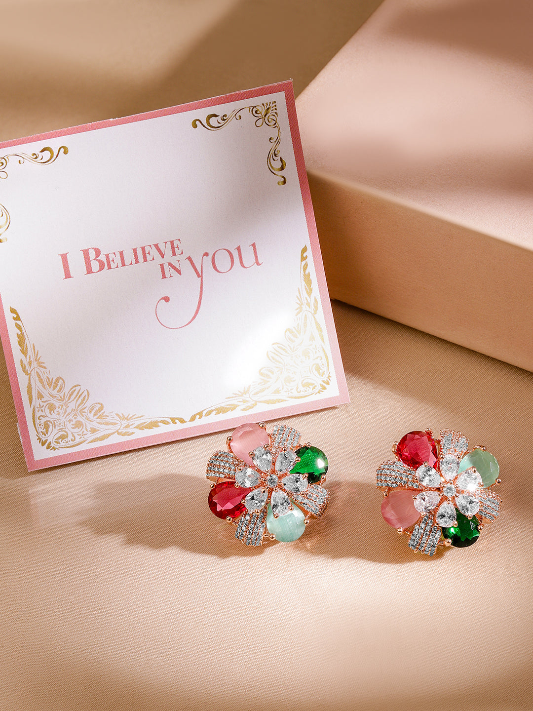 Rubans Rose Gold-Plated Multicolor AD Stud Earrings. Rose Gold
