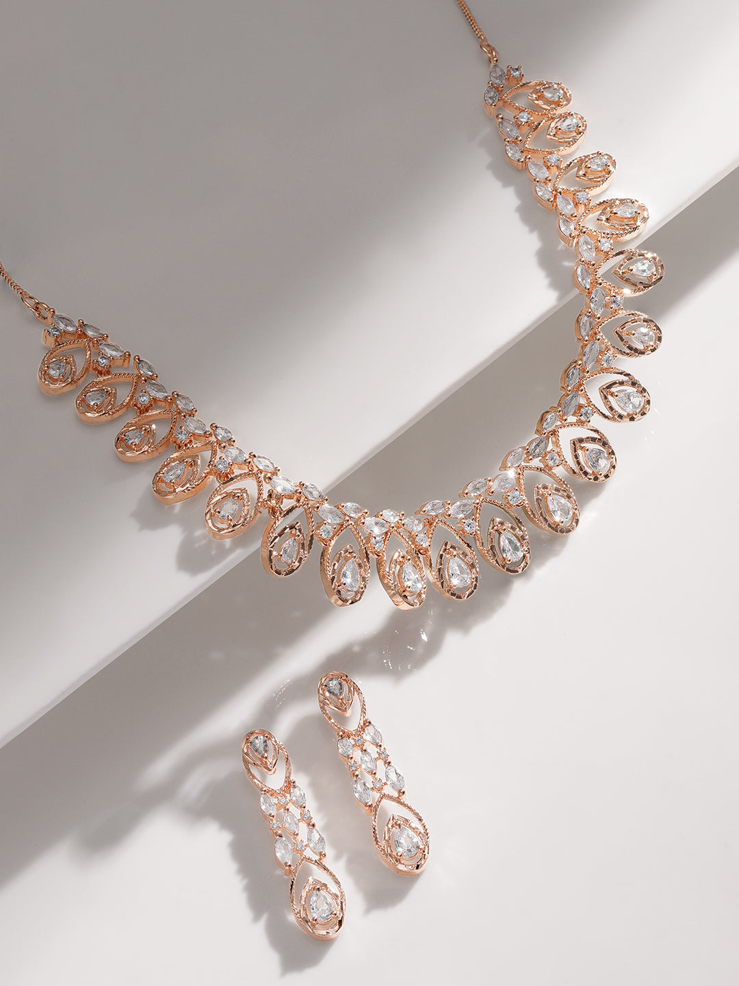 Rubans Zircon Studded Handcrafted Rose Gold Plated Statement Necklace Set Rose Gold
