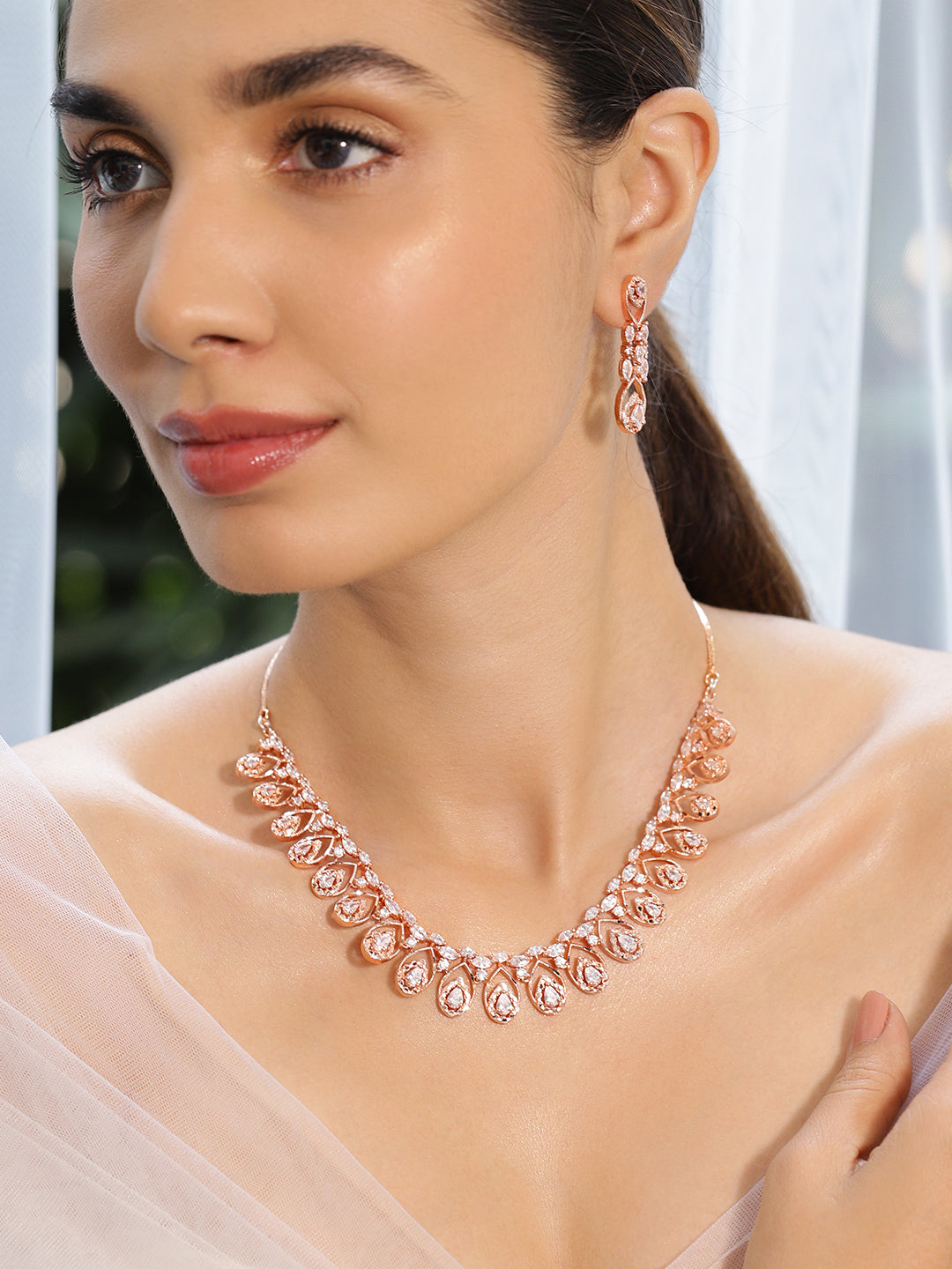 Rubans Zircon Studded Handcrafted Rose Gold Plated Statement Necklace Set Rose Gold
