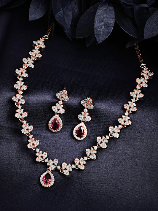 Rubans 22K Rose Gold-Plated Ruby Pink & White Cubic Zirconia Studded Necklace Set with Earrings Rose Gold