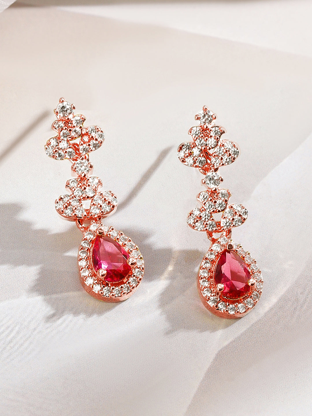 Rubans 22K Rose Gold-Plated Ruby Pink & White Cubic Zirconia Studded Necklace Set with Earrings Rose Gold