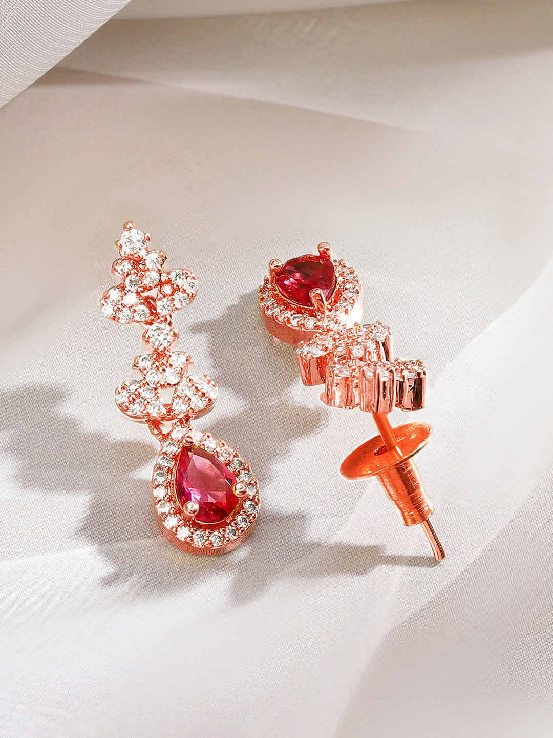 Rubans 22K Rose Gold-Plated Ruby Pink & White Cubic Zirconia Studded Necklace Set with Earrings Rose Gold