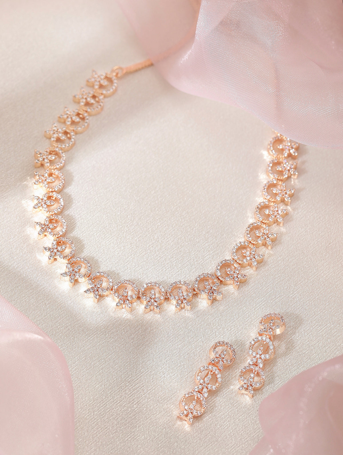 Rubans Contemporary Rose Gold Toned Necklace Set in CZ Stone Rose Gold