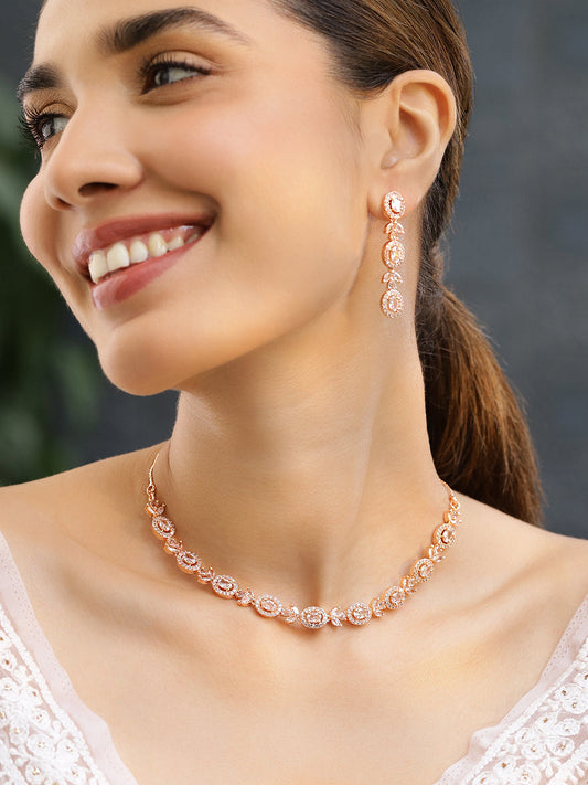 Rubans Simple Gold Toned CZ Necklace Set with Long Earrings Gold