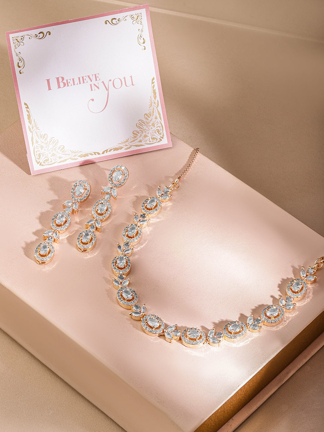 Rubans Simple Gold Toned CZ Necklace Set with Long Earrings Gold
