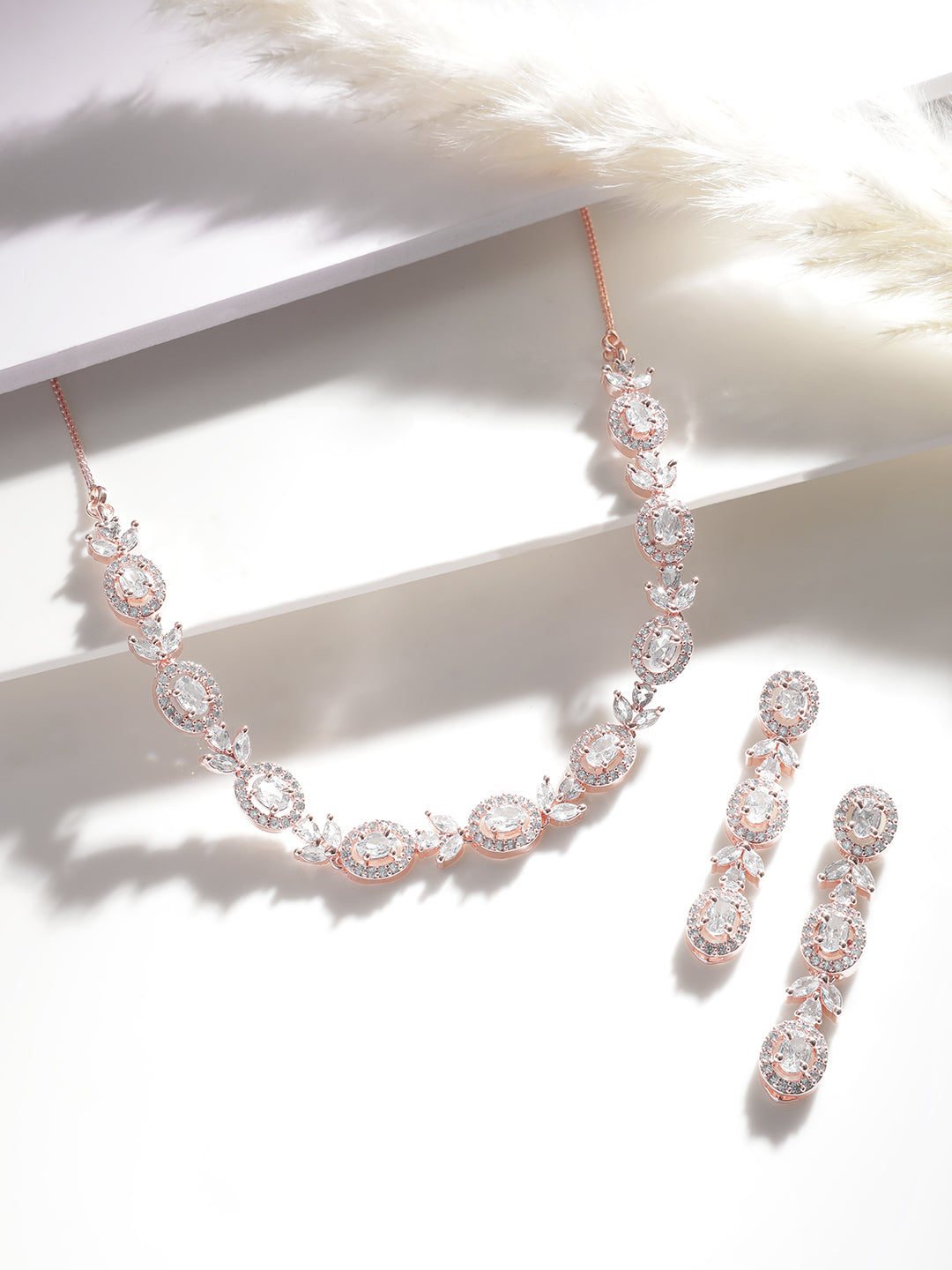 Rubans Simple Gold Toned CZ Necklace Set with Long Earrings Gold