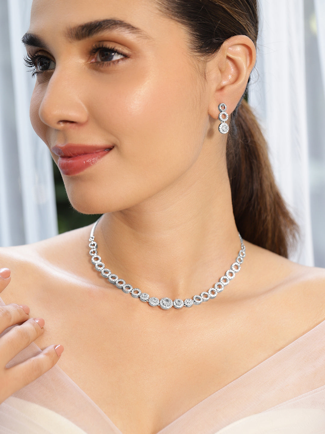 Rubans Silver Plated Minimal and Elegant AD Necklace Set Silver