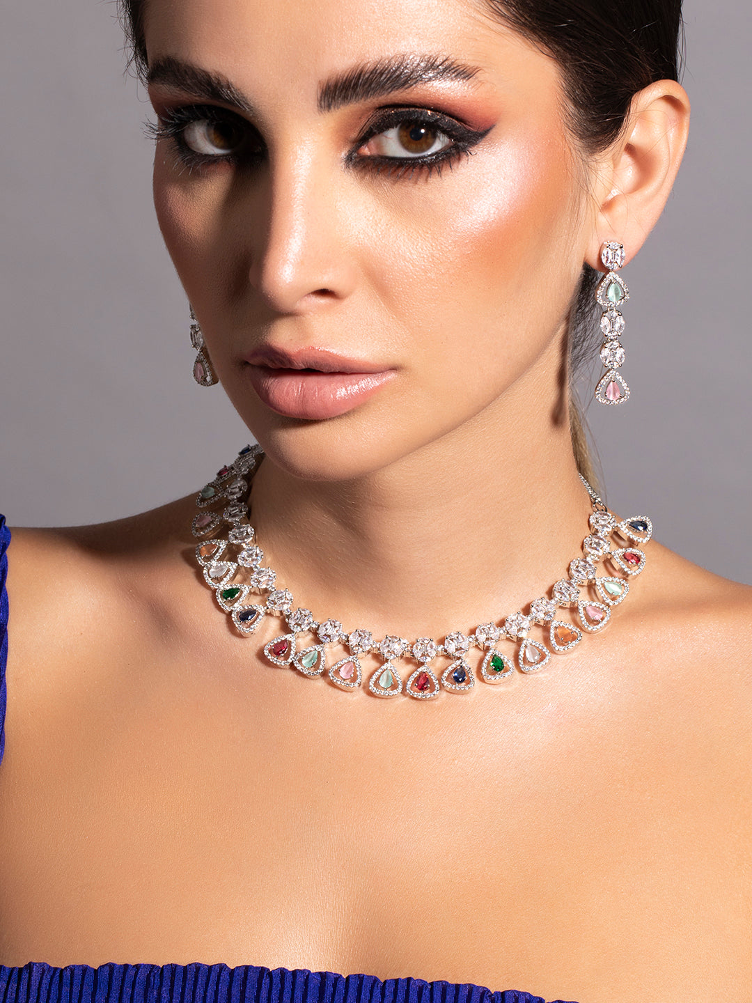 Rubans Silver Plated Multicoloured Stone Studded American Diamond Necklace Set. Silver