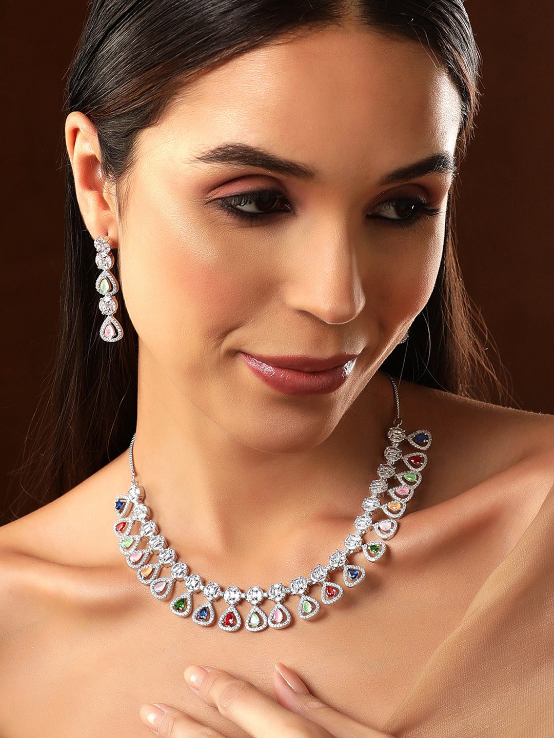 Rubans Silver Plated Multicoloured Stone Studded American Diamond Necklace Set. Silver