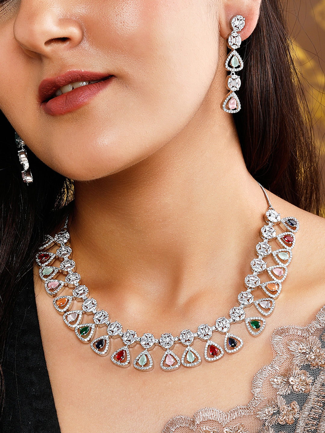 Rubans Silver Plated Multicoloured Stone Studded American Diamond Necklace Set. Silver