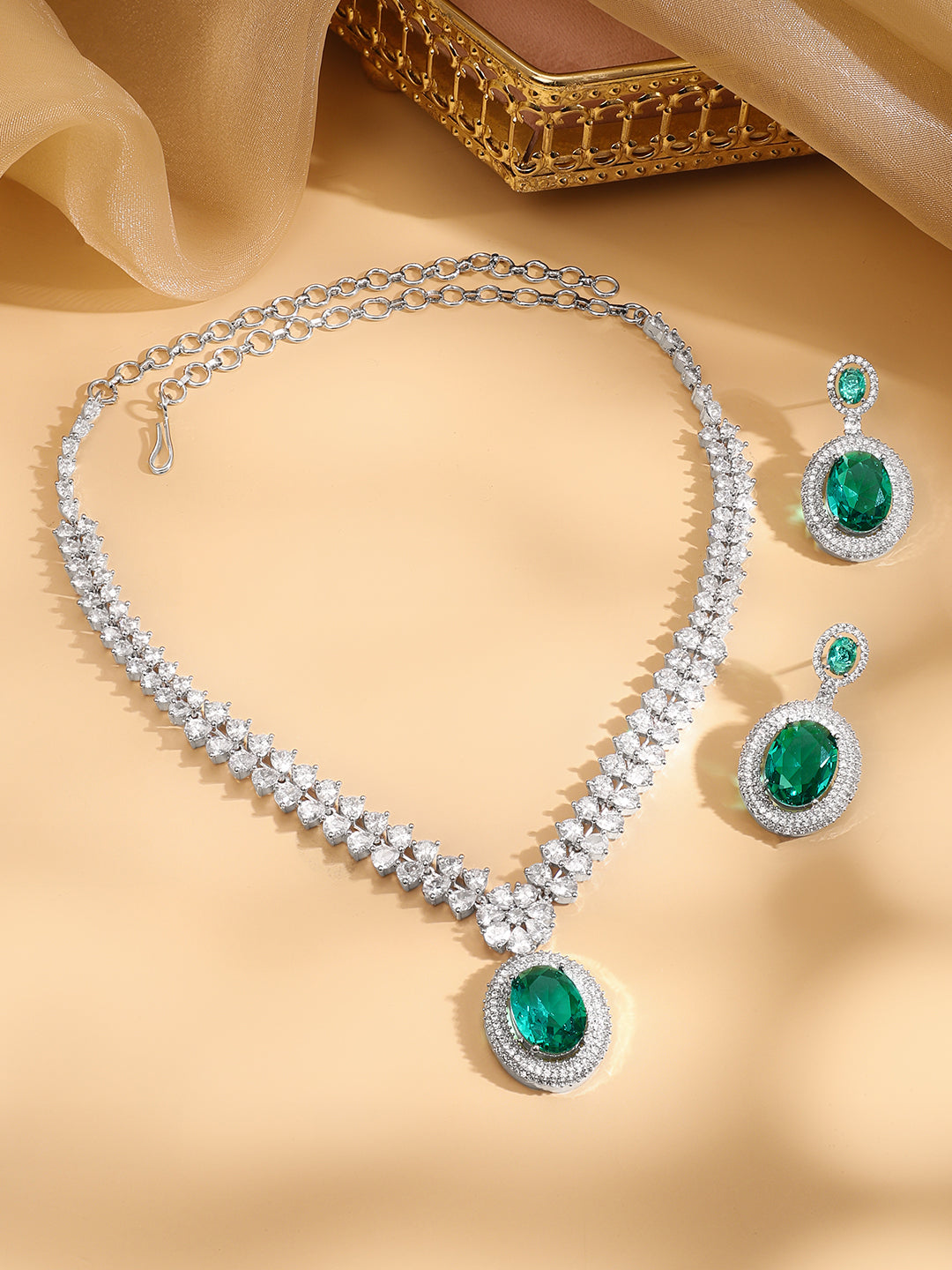 Emerald Necklace Set with American Diamond Zirconia フリーサイズ