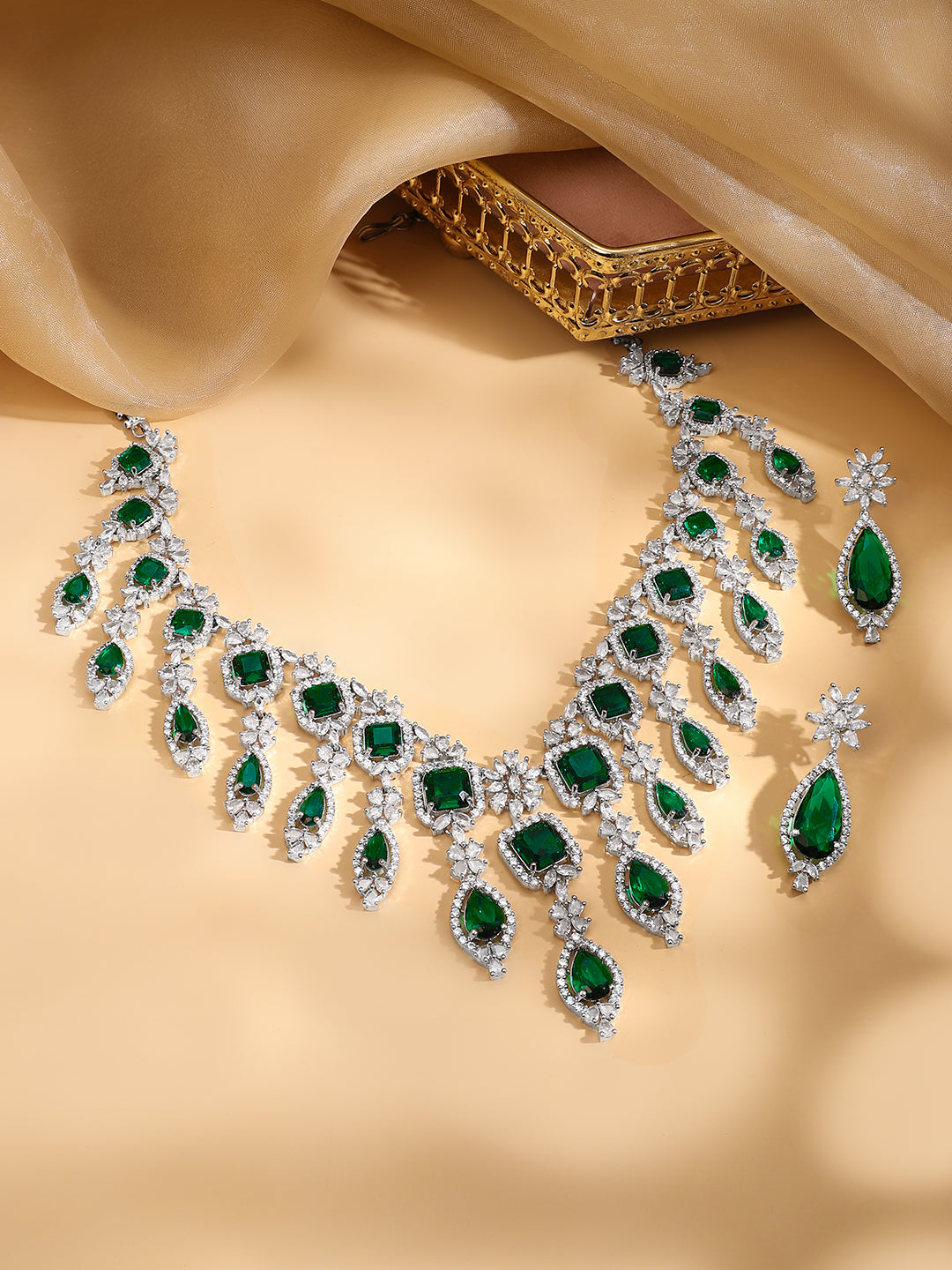 American Diamond Zirconia Floral Green Necklace Set フリーサイズ