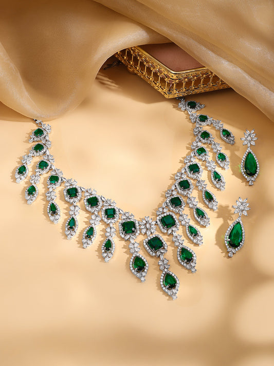 American Diamond Zirconia Floral Green Necklace Set フリーサイズ
