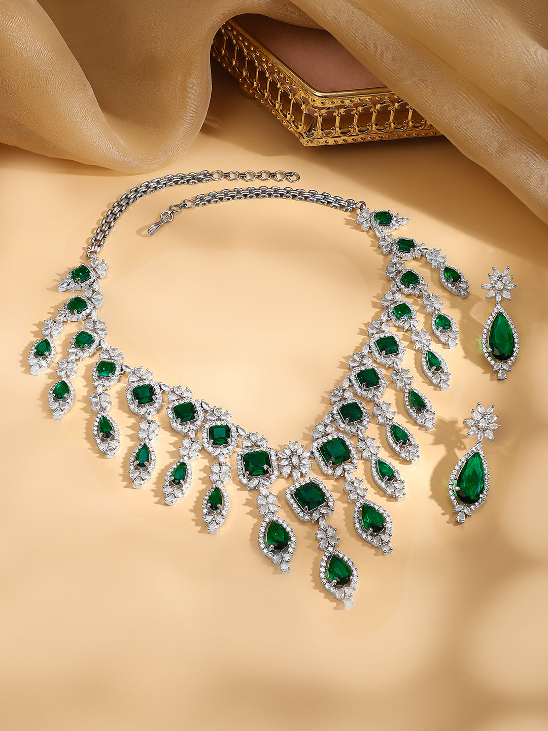 American Diamond Zirconia Floral Green Necklace Set フリーサイズ