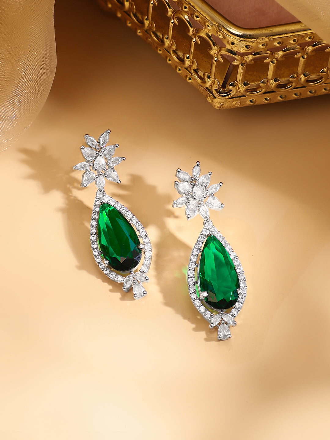 American Diamond Zirconia Floral Green Necklace Set フリーサイズ