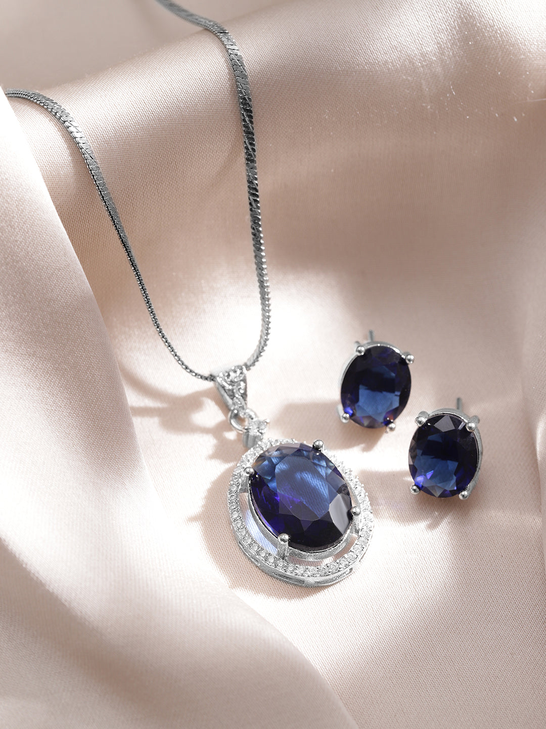 American Diamond Zirconia Blue Necklace Set Blue