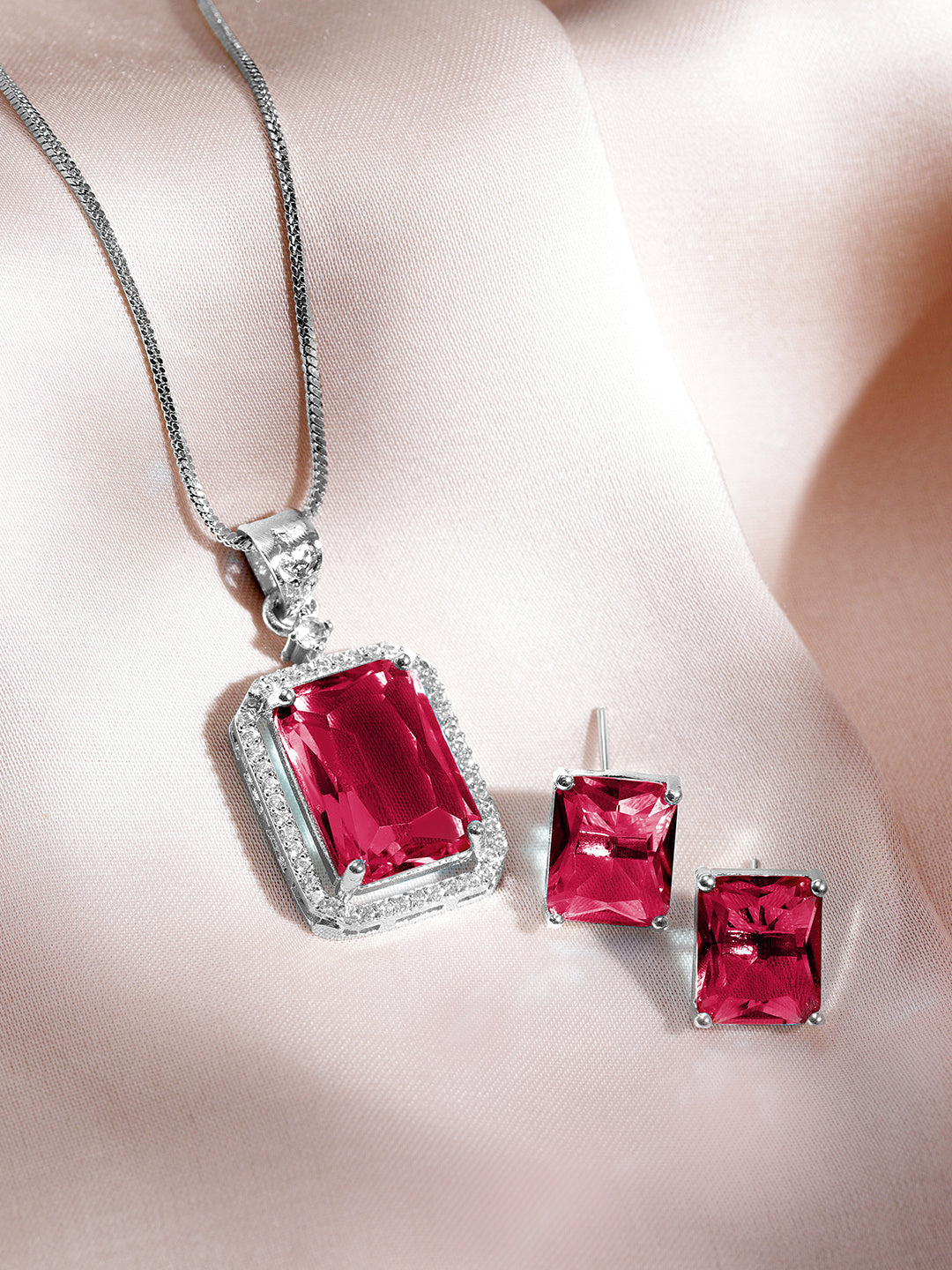 American Diamond Zirconia Ruby Pendant Set Red