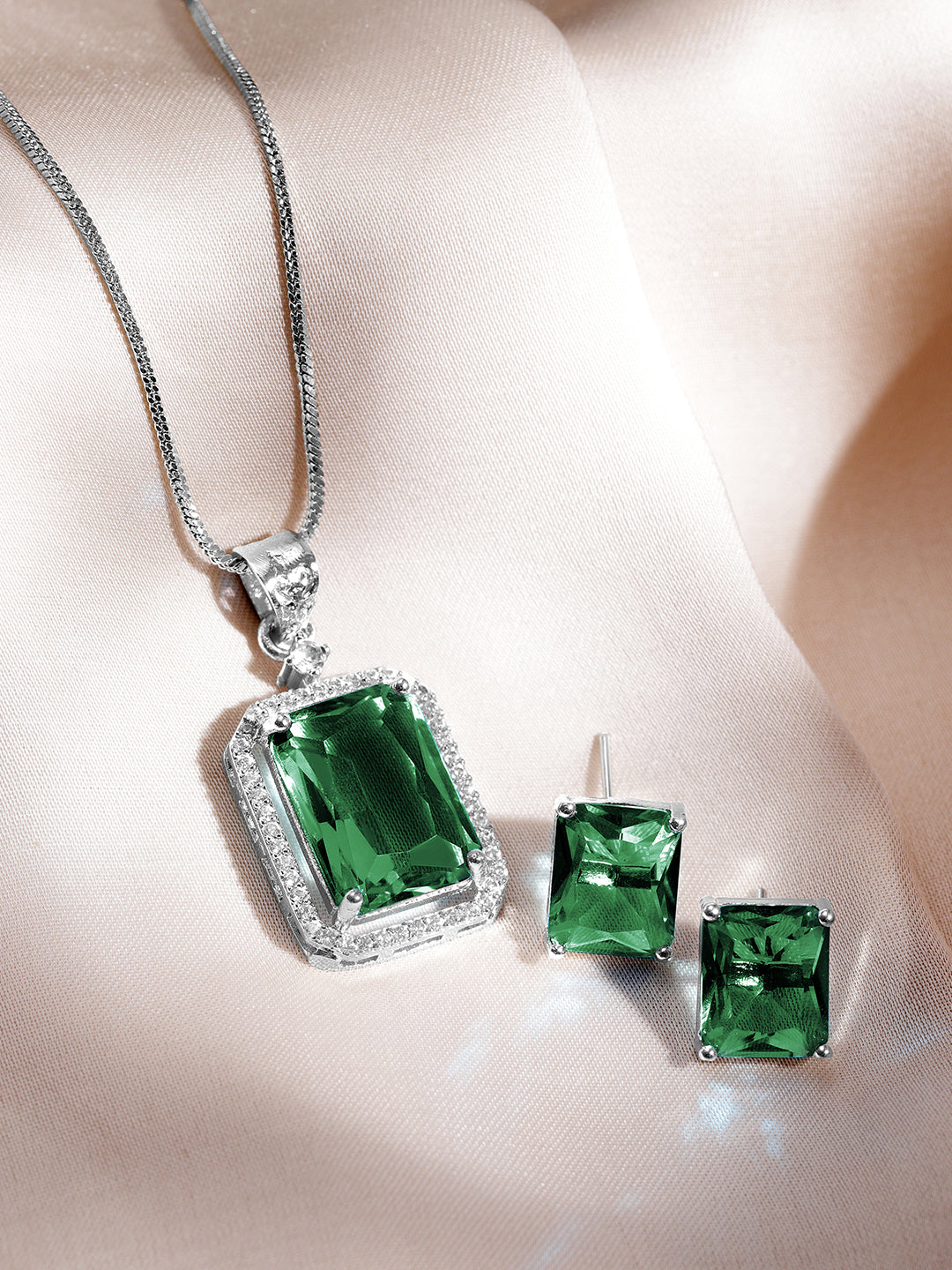 American Diamond Zirconia Emerald Pendant Necklace Set Green
