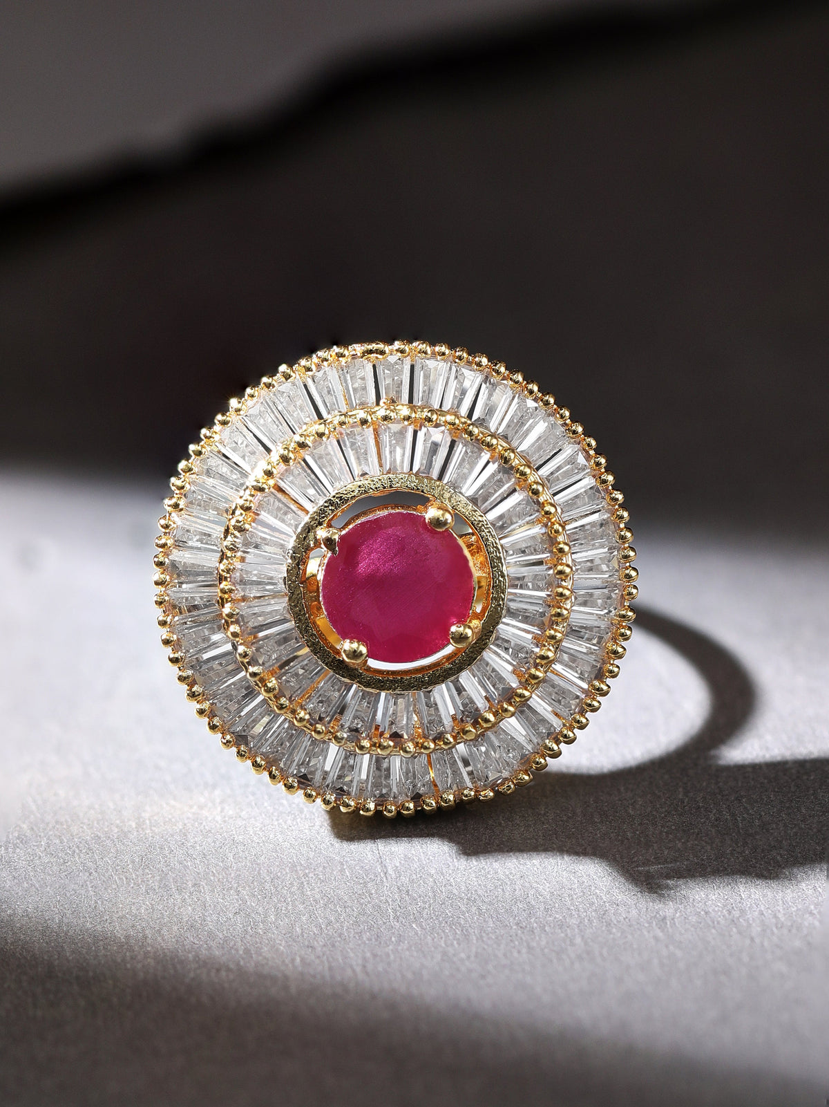Rubans 22K Gold Plated Ruby Pink & White American Diamond Studded Adjustable Finger Ring Ruby Pink