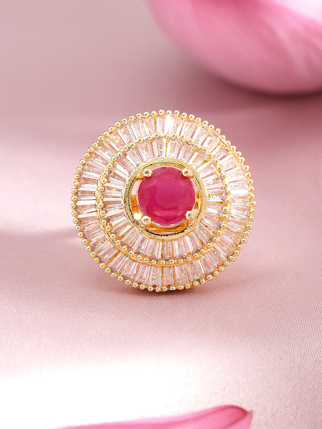 Rubans 22K Gold Plated Ruby Pink & White American Diamond Studded Adjustable Finger Ring Ruby Pink