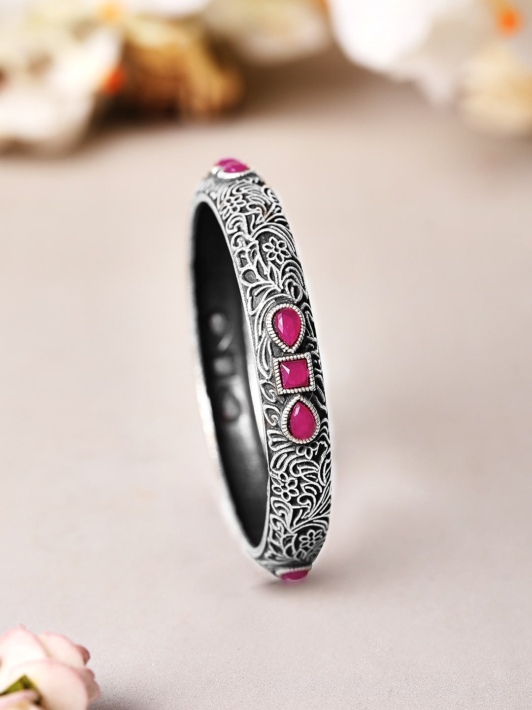 Rubans Oxidised Silver Plated Handcrafted Pink Stone Filigree Bangle 2.4 - Small