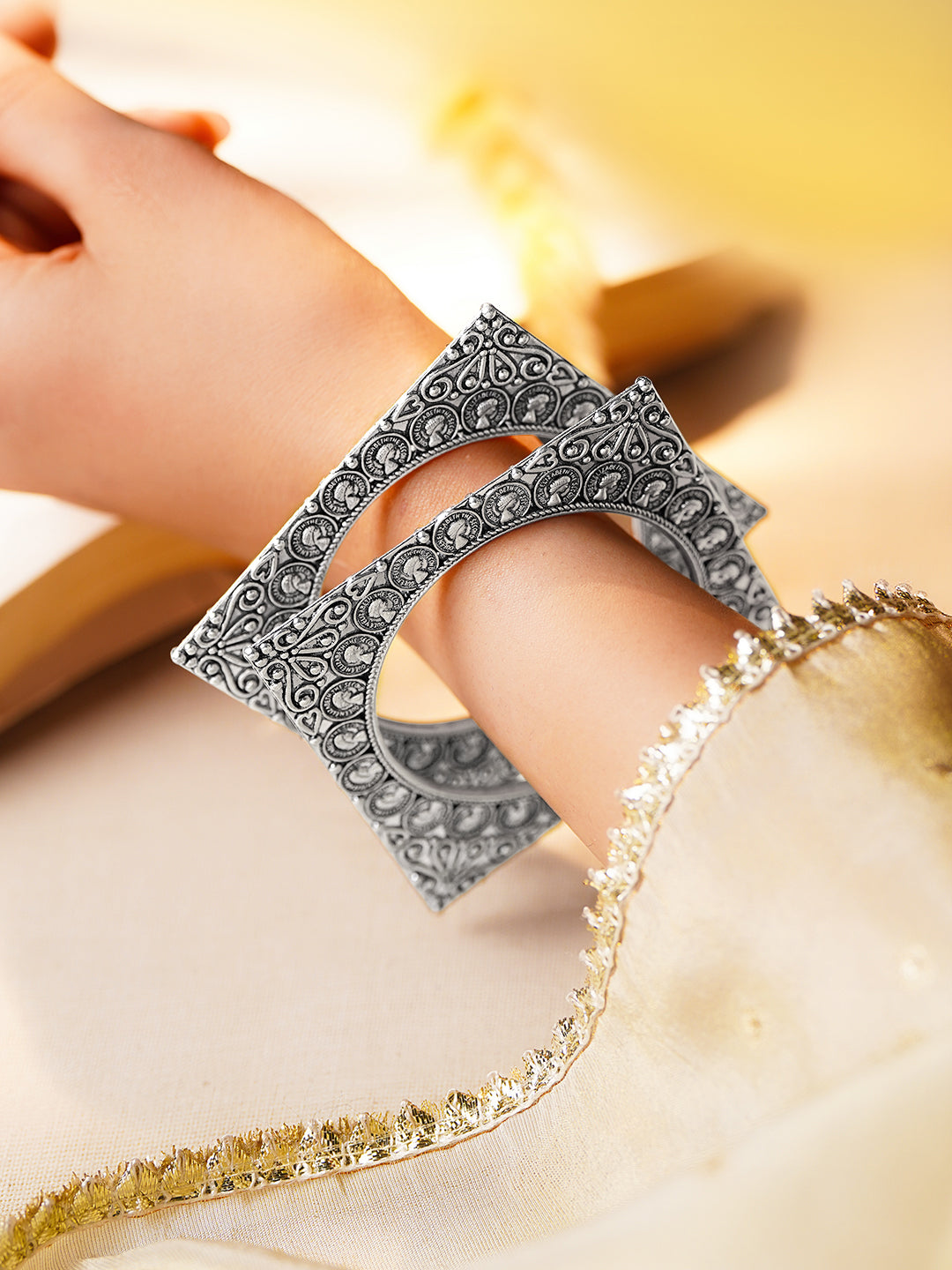 Oxidised Engraved Square Carved Statement Bangles 2.4 - Small