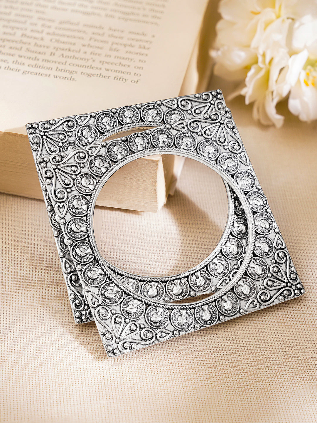 Oxidised Engraved Square Carved Statement Bangles 2.4 - Small