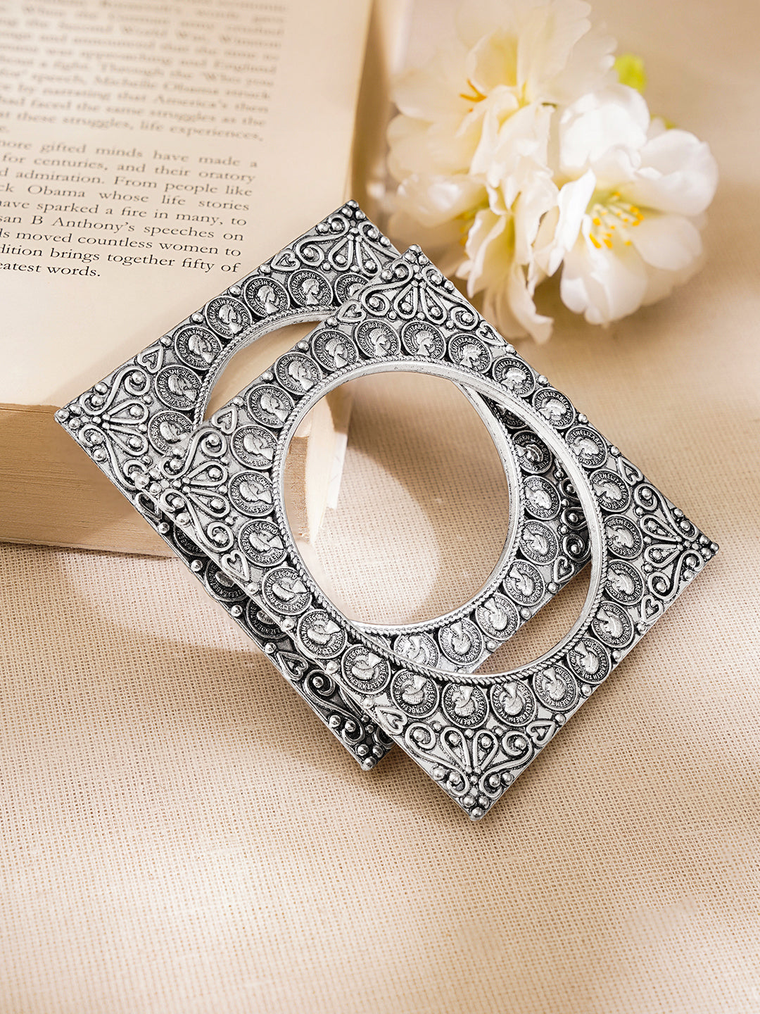 Oxidised Engraved Square Carved Statement Bangles 2.4 - Small