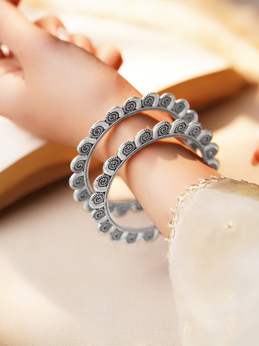 Oxidised Engraved Circle Pattern Statement Bangles 2.8 - Large