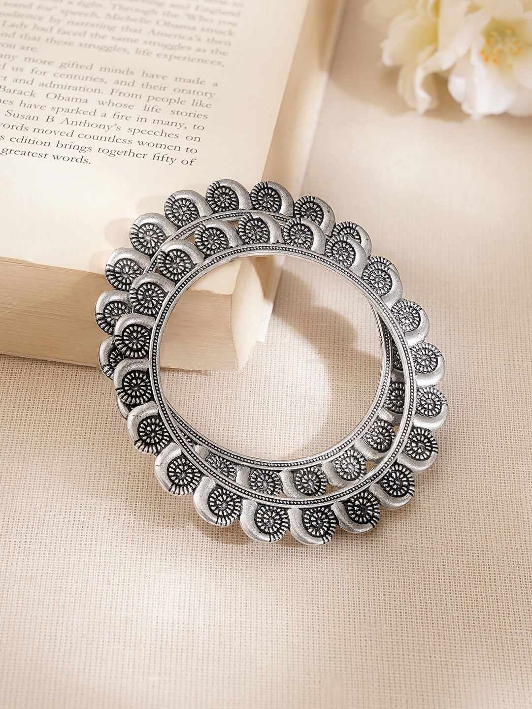 Oxidised Engraved Circle Pattern Statement Bangles 2.6 - Medium