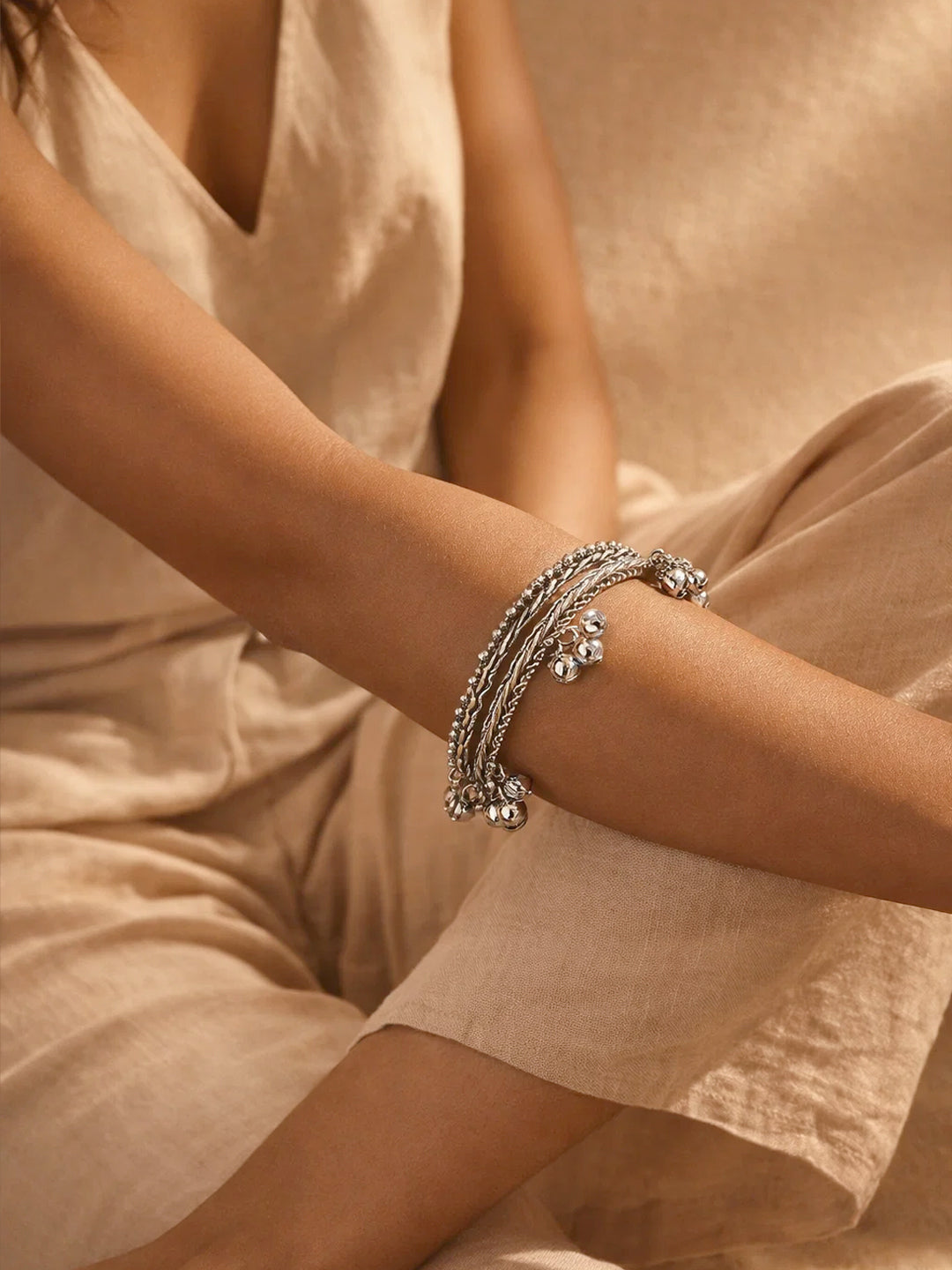 Silver Ghungroo Charm Statement Bangles Set 2.4 - Small