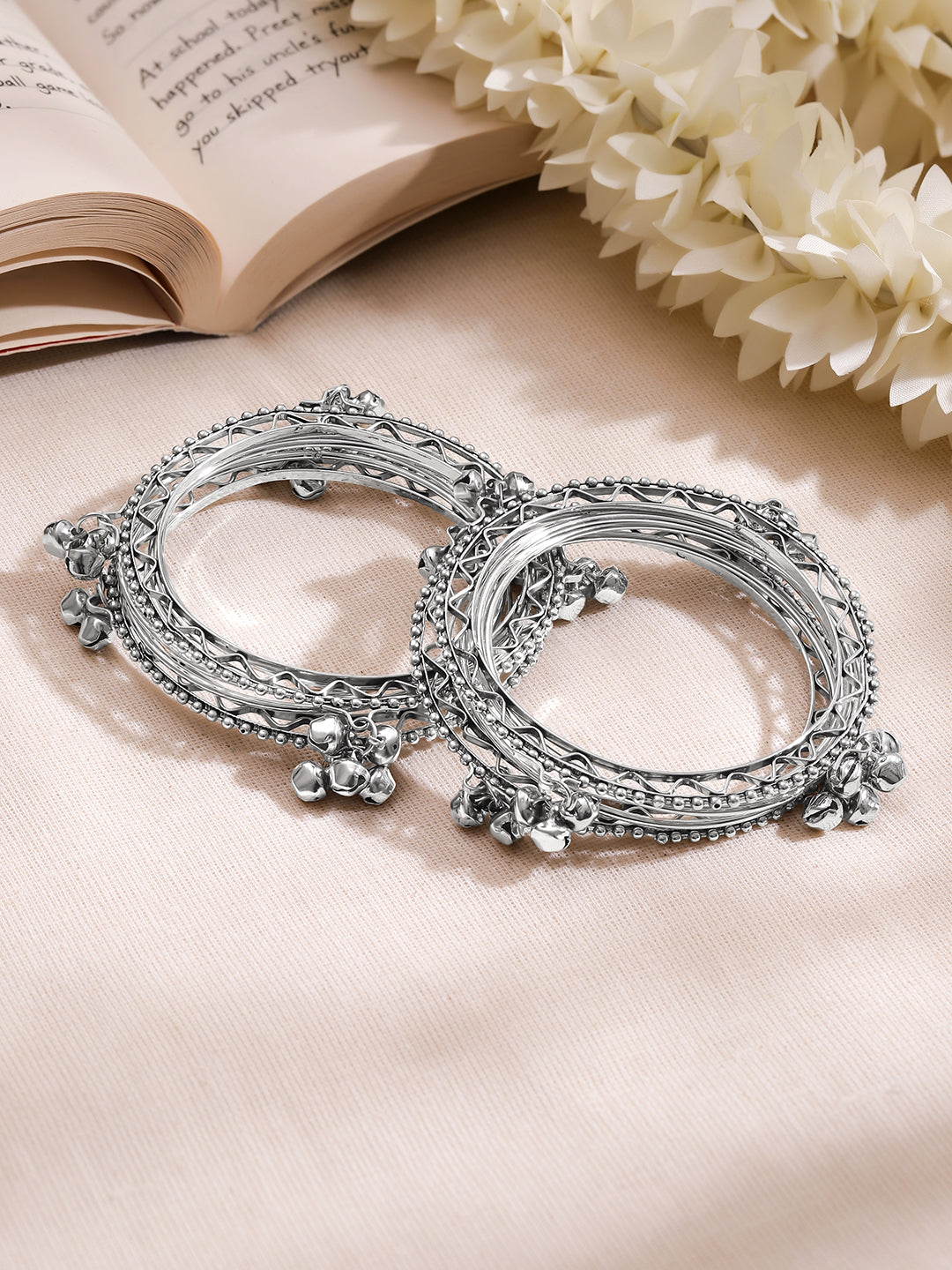 Silver Ghungroo Charm Statement Bangles Set 2.4 - Small