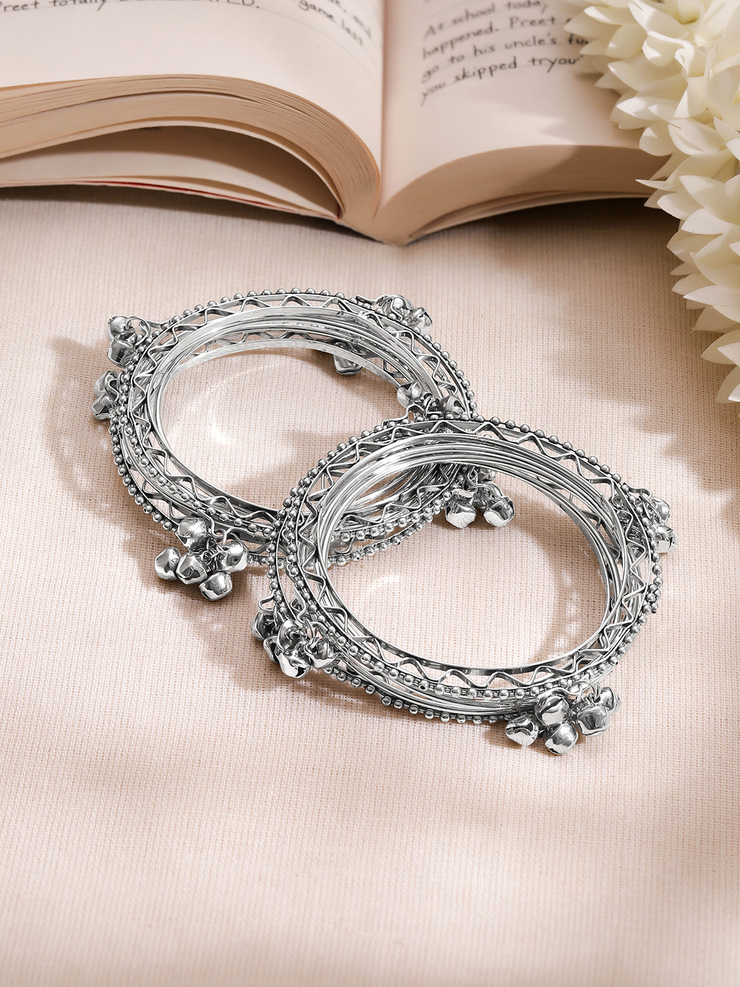 Silver Ghungroo Charm Statement Bangles Set 2.4 - Small