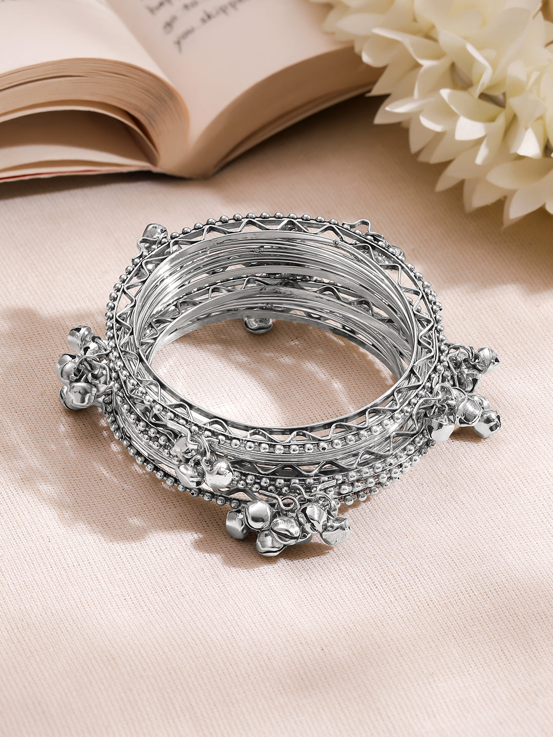 Silver Ghungroo Charm Statement Bangles Set 2.4 - Small
