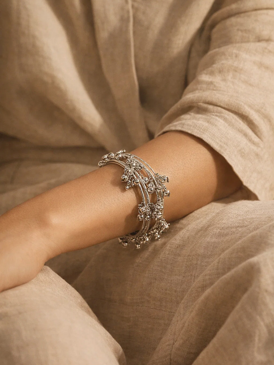 Silver Ghungroo Charm Minimal Bangles Set 2.6 - Medium