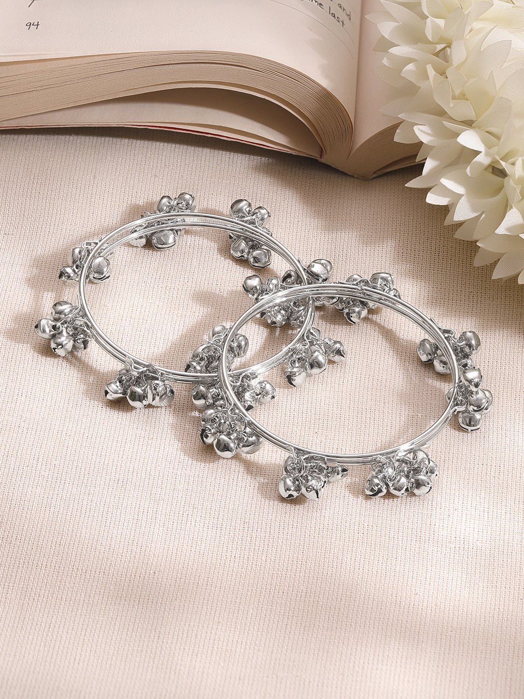 Silver Ghungroo Charm Minimal Bangles Set 2.6 - Medium