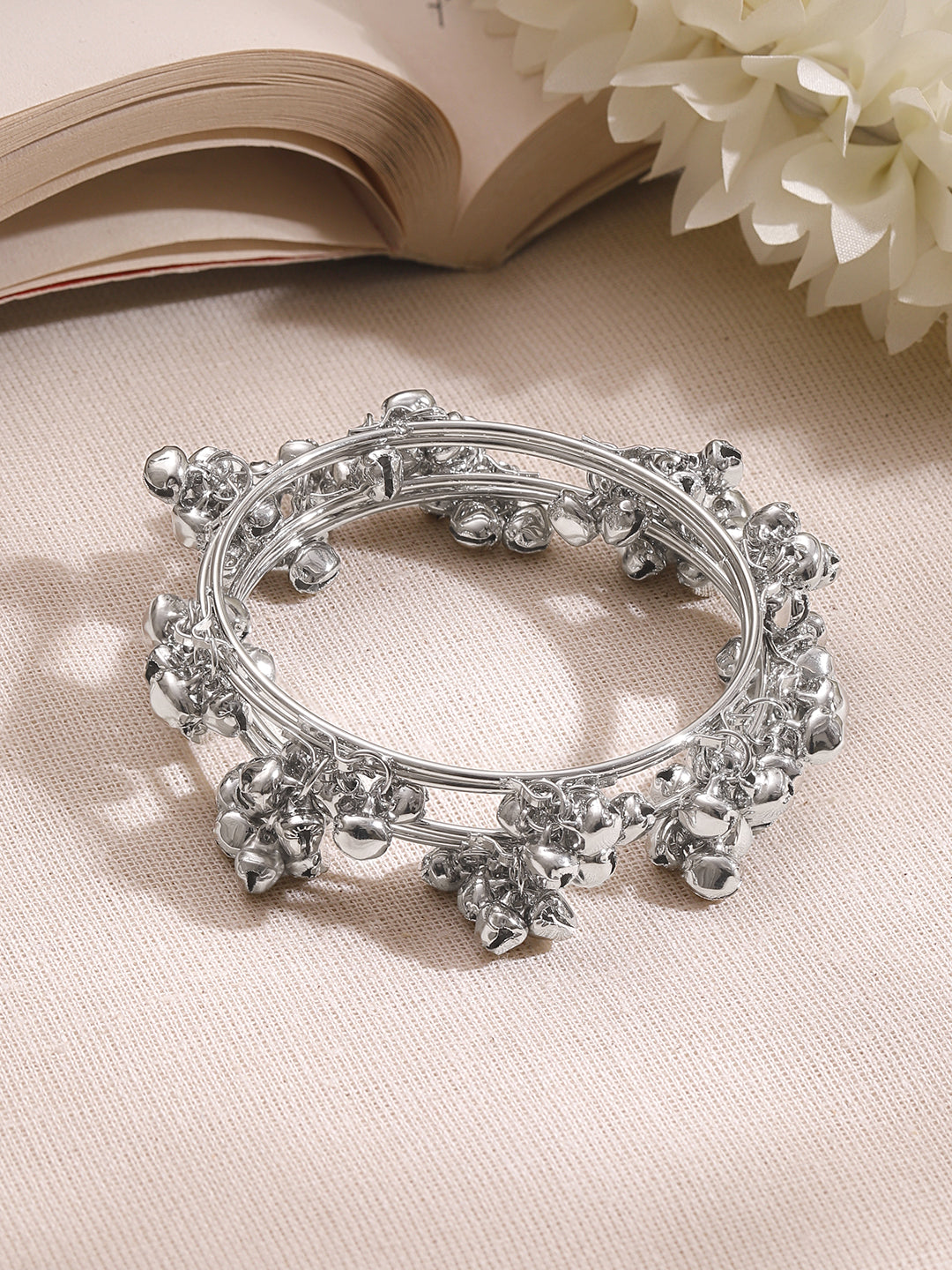 Silver Ghungroo Charm Minimal Bangles Set 2.4 - Small